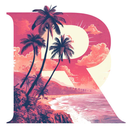 Capital letter R with coconut trees, palm trees and beachの素材