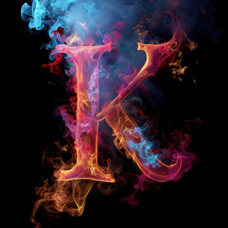 Capital letter K with dreamy colorful smoke growing outの素材