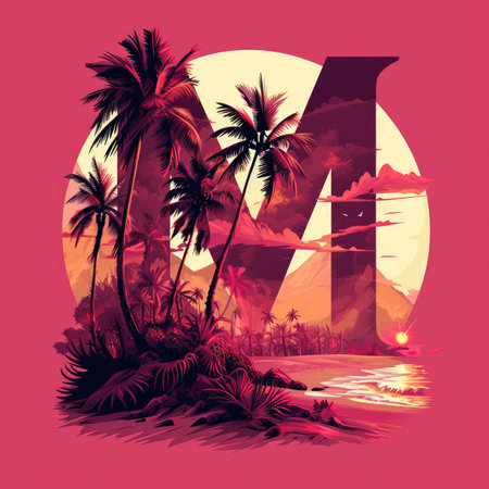 Capital letter M with Coconut trees, palm trees and beachの素材