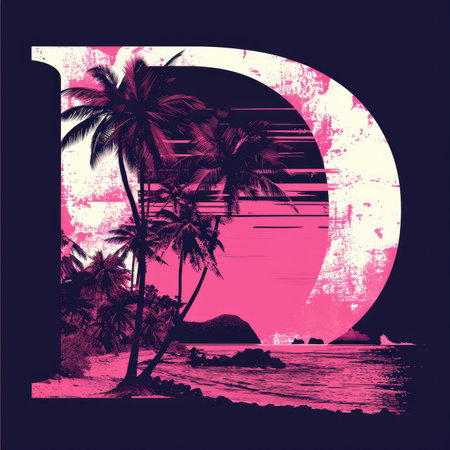 Capital letter D with coconut trees, palm trees and beachの素材