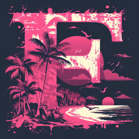 Capital letter F with coconut trees, palm trees and beachの素材