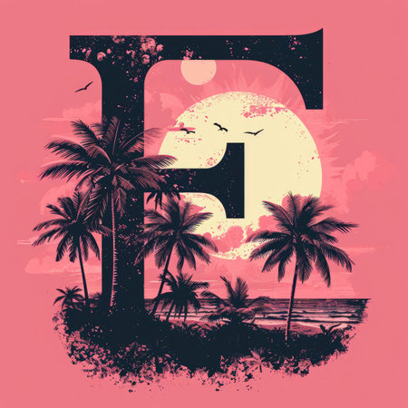 Capital letter F with coconut trees, palm trees and beachの素材