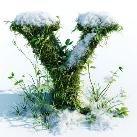 Capital letter Y with grass under a sprinkling of snow, winter plants and moss growing outの素材