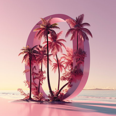 Number 0 with coconut trees, palm trees and beachの素材