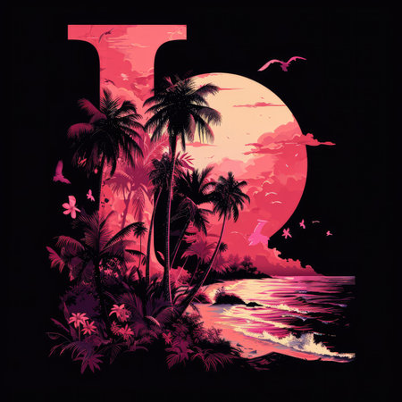 Capital letter I with Coconut trees, palm trees and beachの素材
