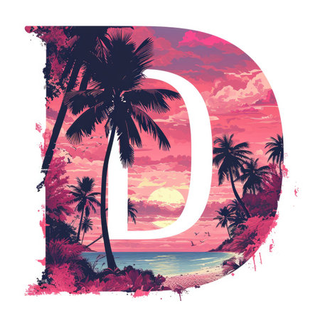 Capital letter D with coconut trees, palm trees and beachの素材