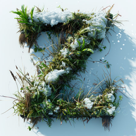 Capital letter Z with grass under a sprinkling of snow, winter plants and moss growing outの素材