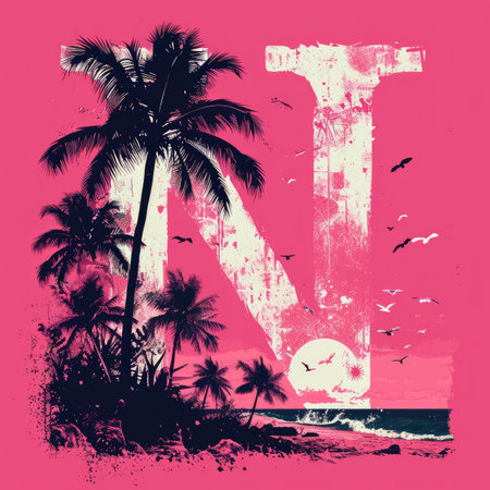 Capital letter N with Coconut trees, palm trees and beachの素材