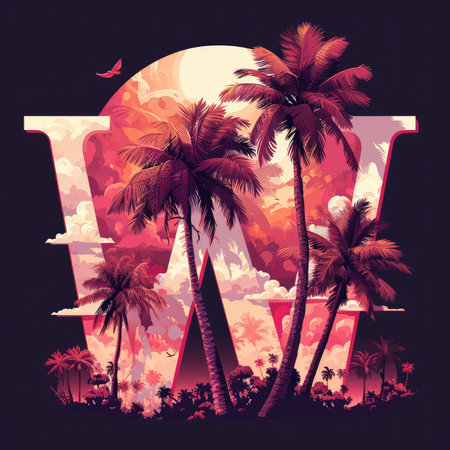Capital letter W with Coconut trees, palm trees and beachの素材
