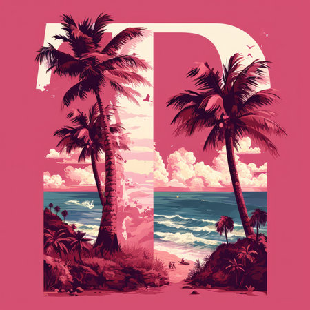Capital letter T with coconut trees, palm trees and beachの素材