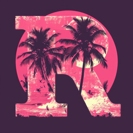 Capital letter R with coconut trees, palm trees and beachの素材