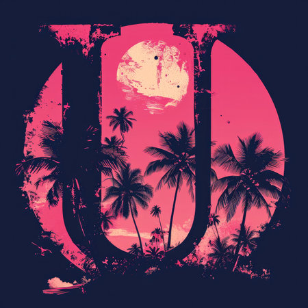 Capital letter U with Coconut trees, palm trees and beachの素材