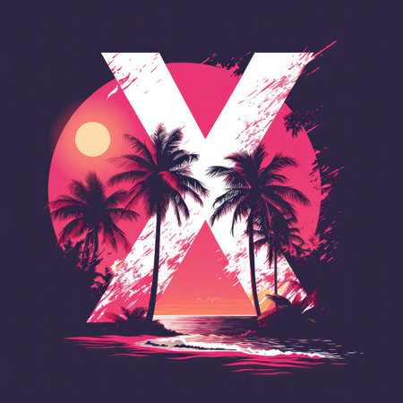 Capital letter X with Coconut trees, palm trees and beachの素材