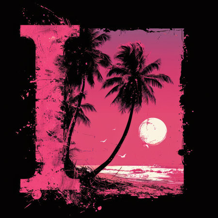 Capital letter I with Coconut trees, palm trees and beachの素材