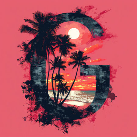 Capital letter G with coconut trees, palm trees and beachの素材