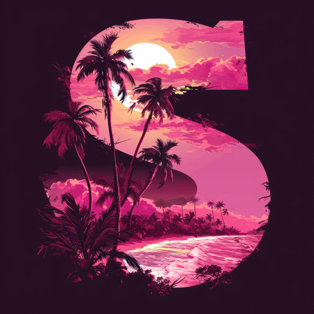 Capital letter S with coconut trees, palm trees and beachの素材