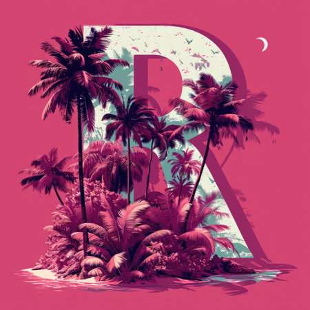 Capital letter R with coconut trees, palm trees and beachの素材