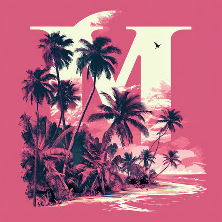 Capital letter M with Coconut trees, palm trees and beachの素材
