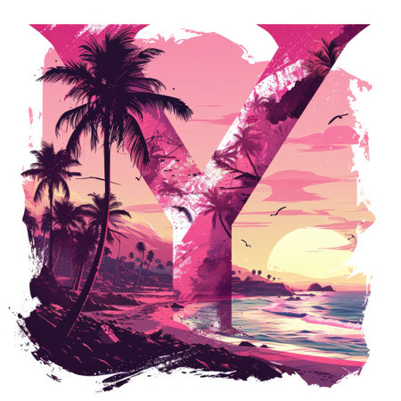 Capital letter Y with Coconut trees, palm trees and beachの素材