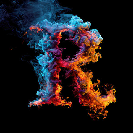 Capital letter R with dreamy colorful smoke growing outの素材