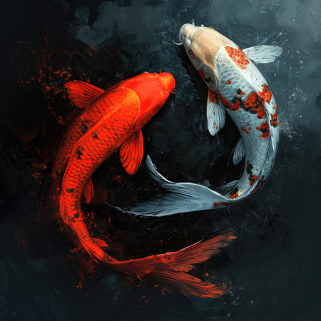red and a black Koi that intertwine, dark gray backgroundの素材