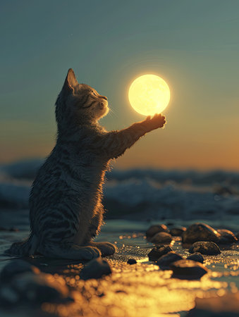 a cat on a beach, with its paw reaching around a large, glowing yellow moonの素材