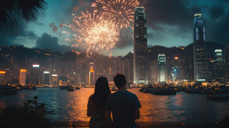 people looking at the skyline with fireworks, with a city skyline backdropの素材