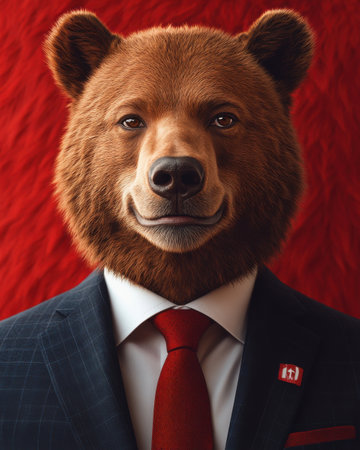 A bear is wearing a suit and tie and has a smile on its face. The bear is dressed in a formal outfit, which is unusual for a bear. The outfit is likely a costume or a piece of artの素材