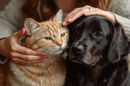 adult woman petting her cat and dog in the living room,の素材