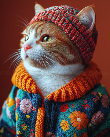 cute cat wearing colorful oversized jacket and a beanieの素材