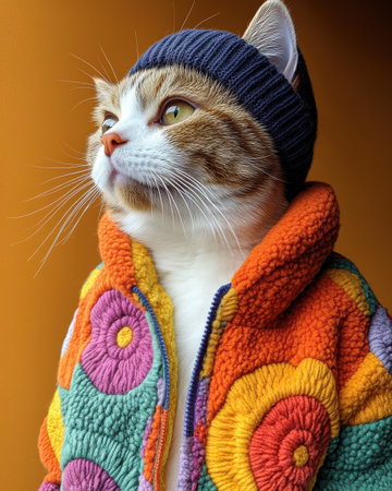 A cat wearing a hat and a colorful jacket stands in front of a yellow background. The cat's outfit is bright and cheerful, and it seems to be posing for a photo. Scene is playful and lightheartedの素材