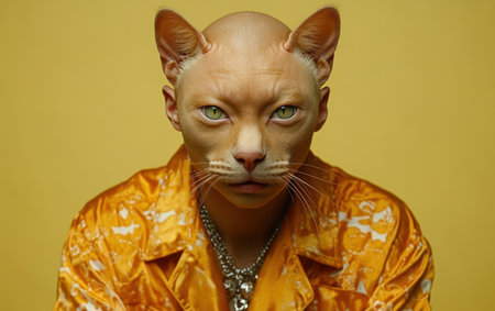 A man with a shaved head and a cat's face is wearing a yellow shirt. The cat's face is green and has a piercing in its eye. The man is posing for a photo, and the yellow shirtの素材