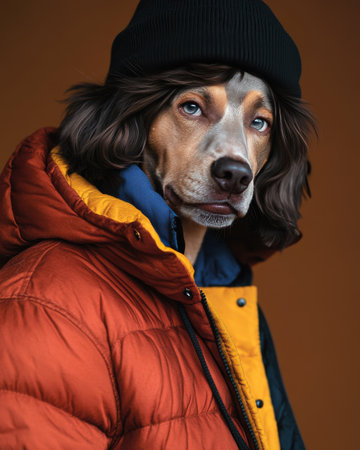 A dog is wearing a red and yellow jacket and a black hat. The dog has a blue eye and a black noseの素材