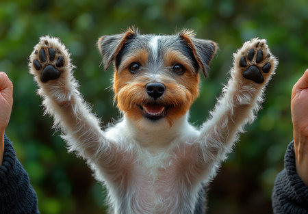 A dog is standing with its paws raised and its mouth open, looking at the camera. The dog appears to be happy and excited, possibly anticipating a treat or a game. Concept of joy and playfulnessの素材