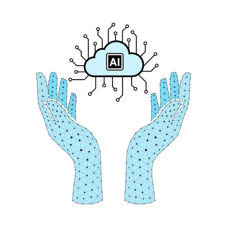 A pair of hands holding a cloud with the letters AI on itのイラスト素材