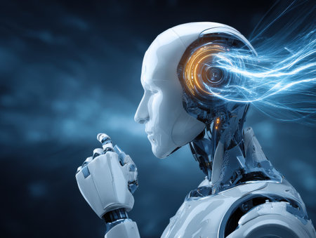 A humanoid robot stands silently with a glowing brain, immersed in a futuristic digital environment. The scene highlights technology and artificial intelligence.の素材