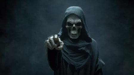 A chilling representation of a grim reaper figure appears in a dark atmosphere. The skeleton points ominously, evoking themes of fear, fate, and the unknown in this haunting image.の素材