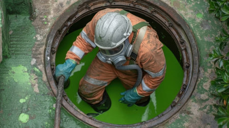 A worker in safety gear explores a green-tinted wastewater tank, focusing on environmental cleanup efforts while highlighting the importance of industrial maintenance and safety protocols.の素材