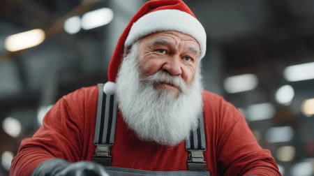Santa Claus, with a fluffy white beard and bright red hat, brings joy and warmth in a festive workshop setting. Perfect for holiday themes and greetings.の素材