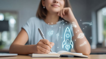 Engaging image of a woman writing in a notebook, surrounded by rocket illustrations representing creative ideas and aspirations in a modern workspace setting.の素材