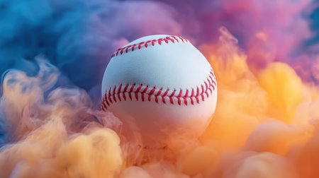 A striking image of a baseball enveloped in colorful smoke, featuring vibrant orange and blue hues, perfect for sports-themed projects and creative designs.の素材