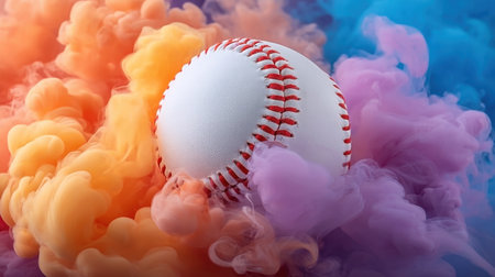 A striking image of a baseball emerging from a swirling cloud of vibrant orange and purple smoke, symbolizing the thrill and passion of the sport.の素材