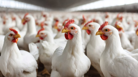 A detailed view of white chickens inside a large poultry farm, showcasing their features and behavior in a well-lit environment focused on agricultural practices.の素材
