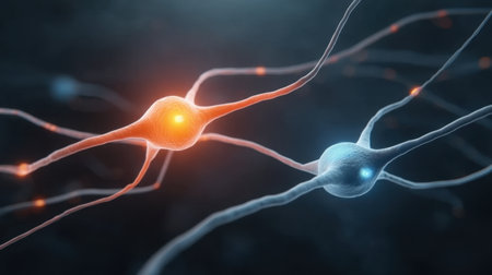 Captivating digital illustration showcasing neurons engaged in dynamic communication, highlighting their intricate connections and lively activity within the nervous system.の素材
