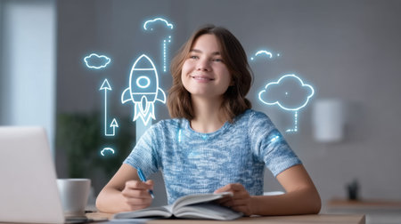 A young woman sits in a stylish workspace, jotting down ideas while visualizing a rocket and clouds, symbolizing creativity and innovative thinking. Perfect for educational themes.の素材