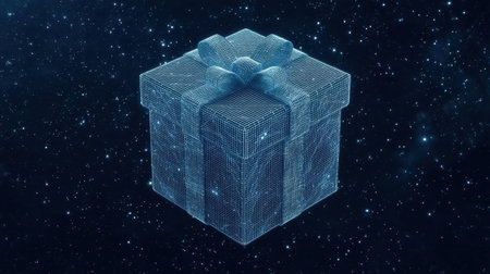 A stunning 3D wireframe gift box floats in a starry background, symbolizing surprise and celebration. Perfect for technology, minimalism, and festive themes.の素材