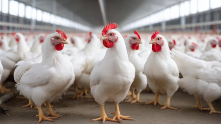 A group of white chickens stands prominently in a spacious barn, illustrating key aspects of modern poultry farming and animal husbandry techniques.の素材