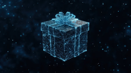 A mesmerizing digital gift box glows in a dark cosmic space, symbolizing celebration and surprise, with intricate patterns of light and energy surrounding it.の素材