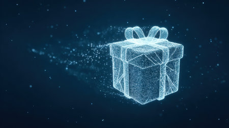 A stunning 3D holographic gift box surrounded by glowing particles on a dark background. Ideal for holiday themes, marketing campaigns, and festive design projects.の素材