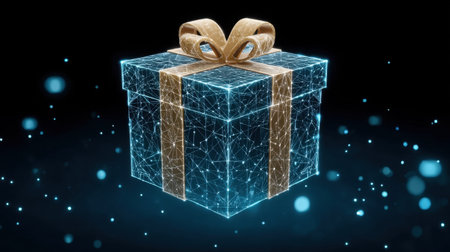 This digital gift box features a futuristic design with glowing elements and a shiny finish, perfect for any celebratory occasion or special event.の素材